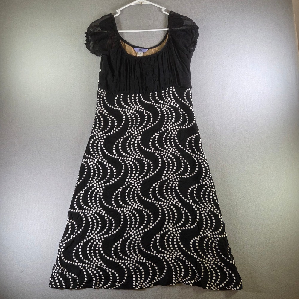 Flora Kung Black White Wavy Polka Dot 100%‎ Silk Sheer Sleeve Midi Dress Size 4